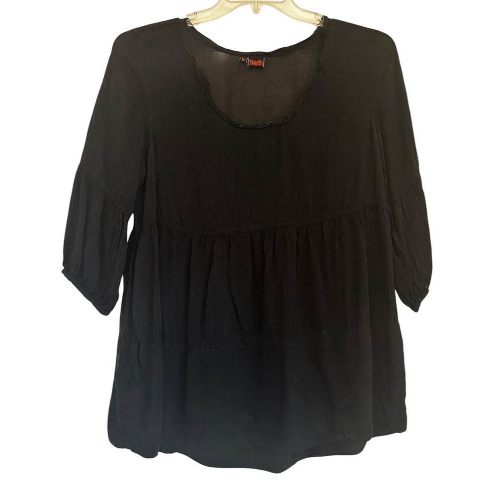 Tianello Shelby Blouse Womens M Black Rayon Crinkle Babydoll Tiered Sheer Boho
